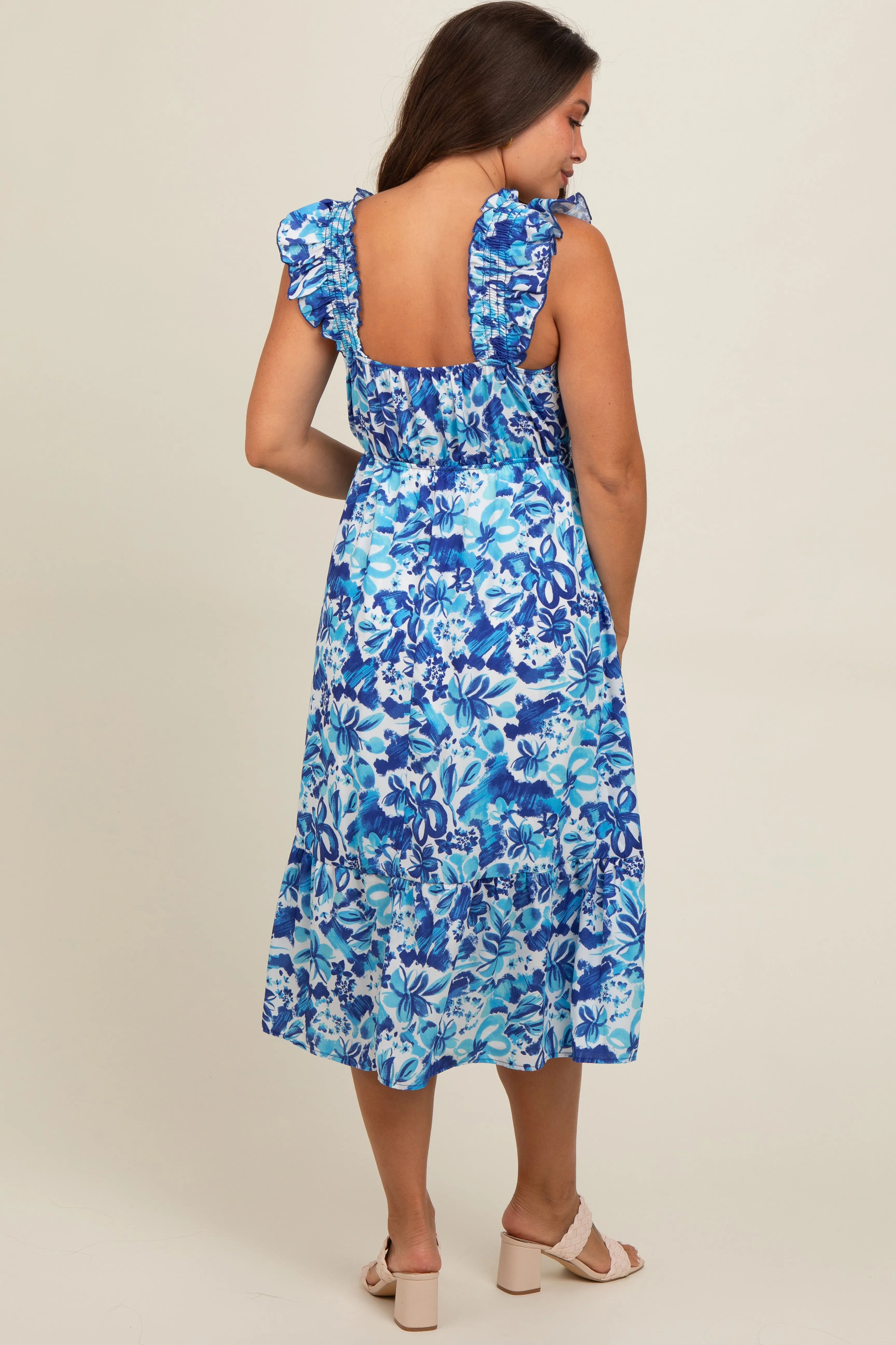 Blue Floral Ruffle Strap Maternity Midi Dress sold by Pinkblush product image thumbnail 3