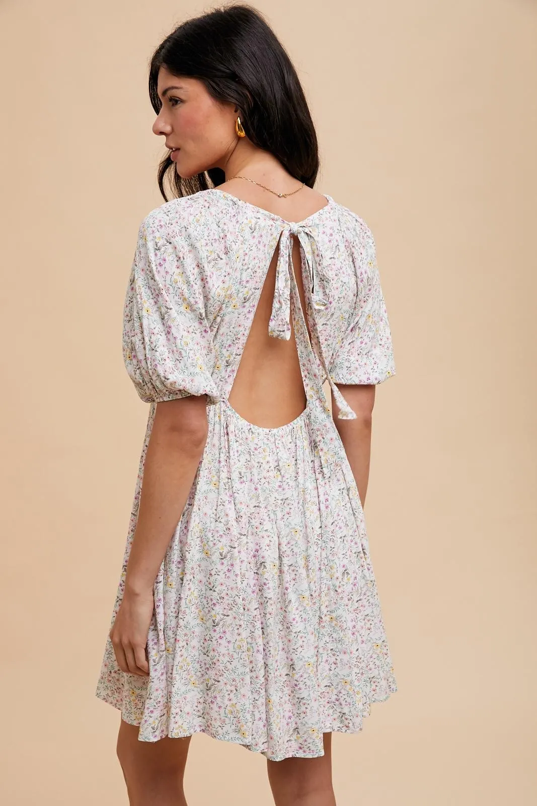 Cream Floral V-Neck Cutout Back Dress sold by Pinkblush product image thumbnail 4