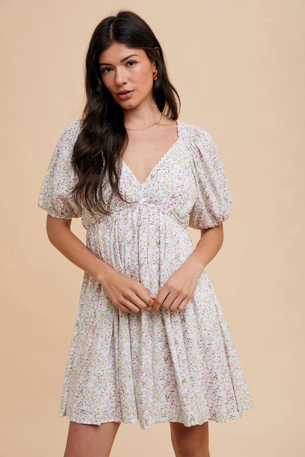 Cream Floral V-Neck Cutout Back Dress sold by Pinkblush
