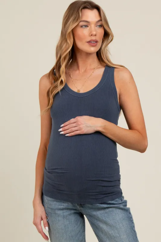 Navy Sleeveless Ribbed Maternity Top sold by Pinkblush