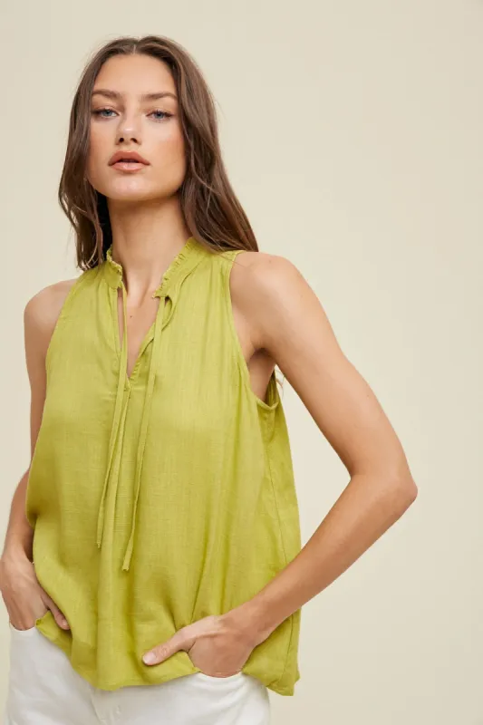 Lime Linen High-Neck Tank Top With Self Tie sold by Pinkblush
