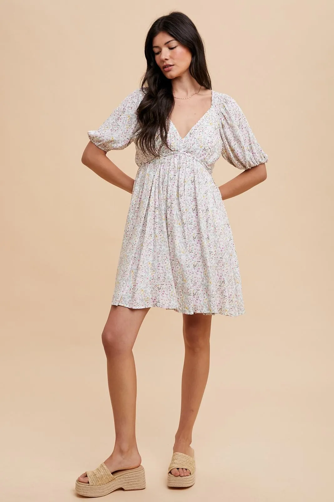 Cream Floral V-Neck Cutout Back Dress sold by Pinkblush product image thumbnail 5