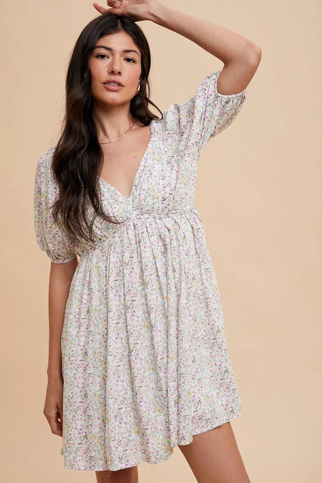 Cream Floral V-Neck Cutout Back Dress sold by Pinkblush product image thumbnail 2