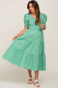 Green Smocked Tiered Ruffle Maternity Midi Dress sold by Pinkblush