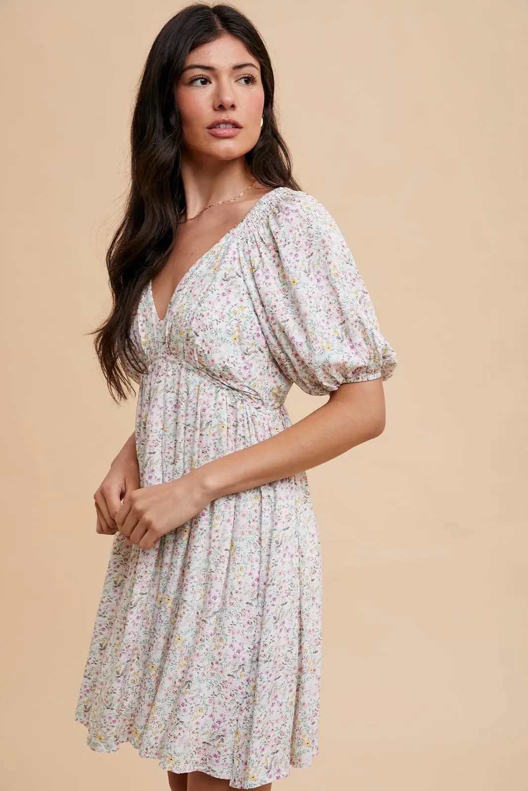 Cream Floral V-Neck Cutout Back Dress sold by Pinkblush product image thumbnail 3