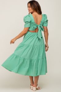 Green Smocked Tiered Ruffle Maternity Midi Dress sold by Pinkblush