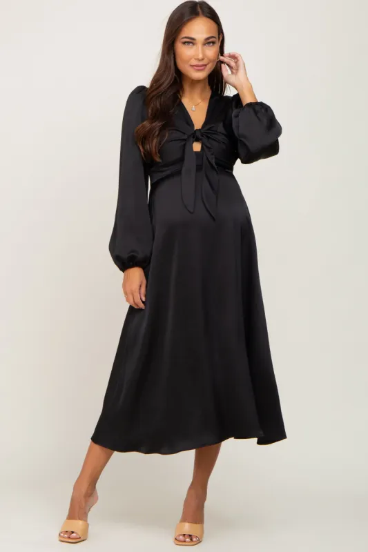 Black Satin Tie Front Cutout Maternity Midi Dress sold by Pinkblush