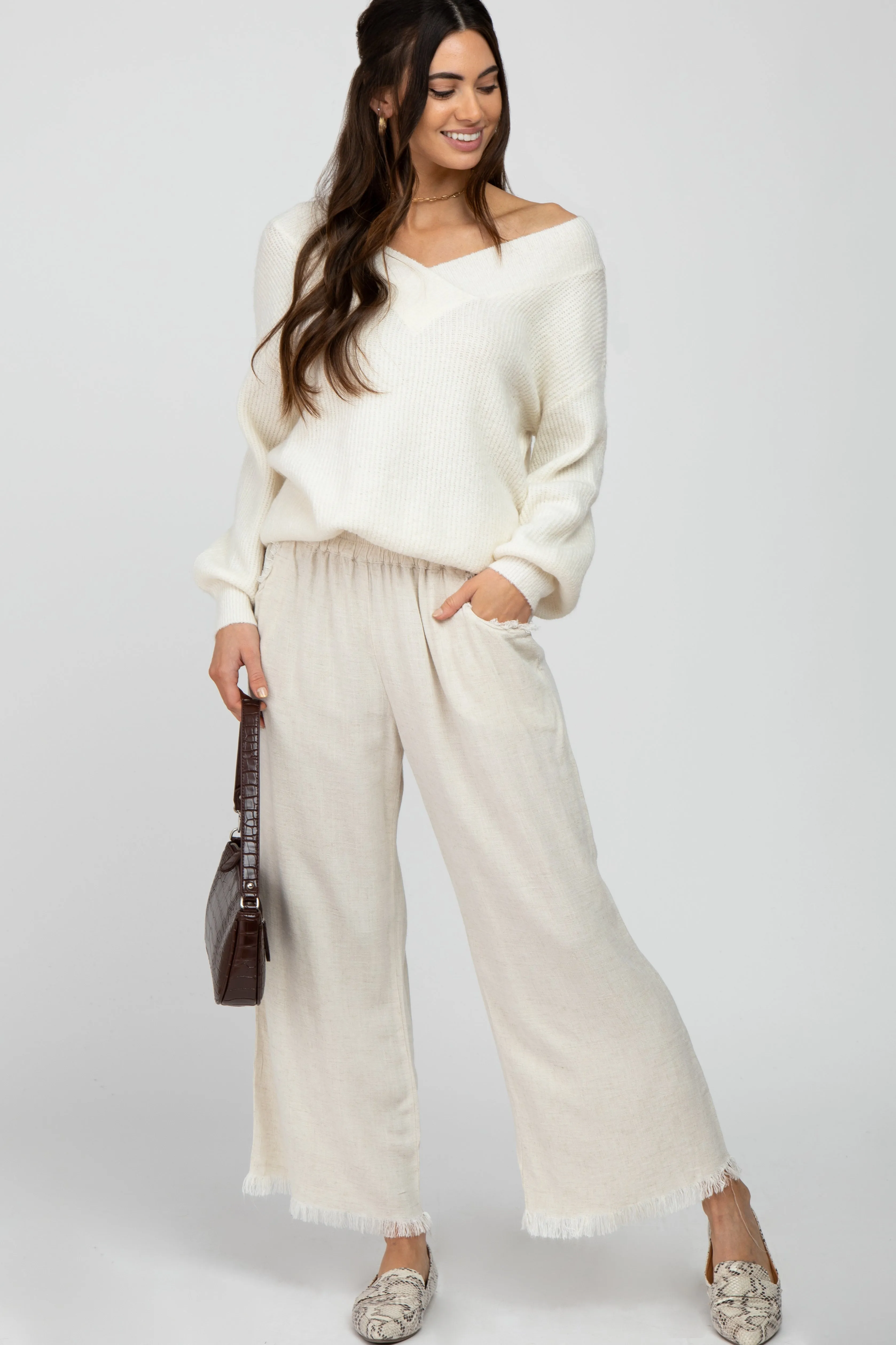 Cream Linen Frayed Hem Crop Maternity Pants sold by Pinkblush product image thumbnail 5
