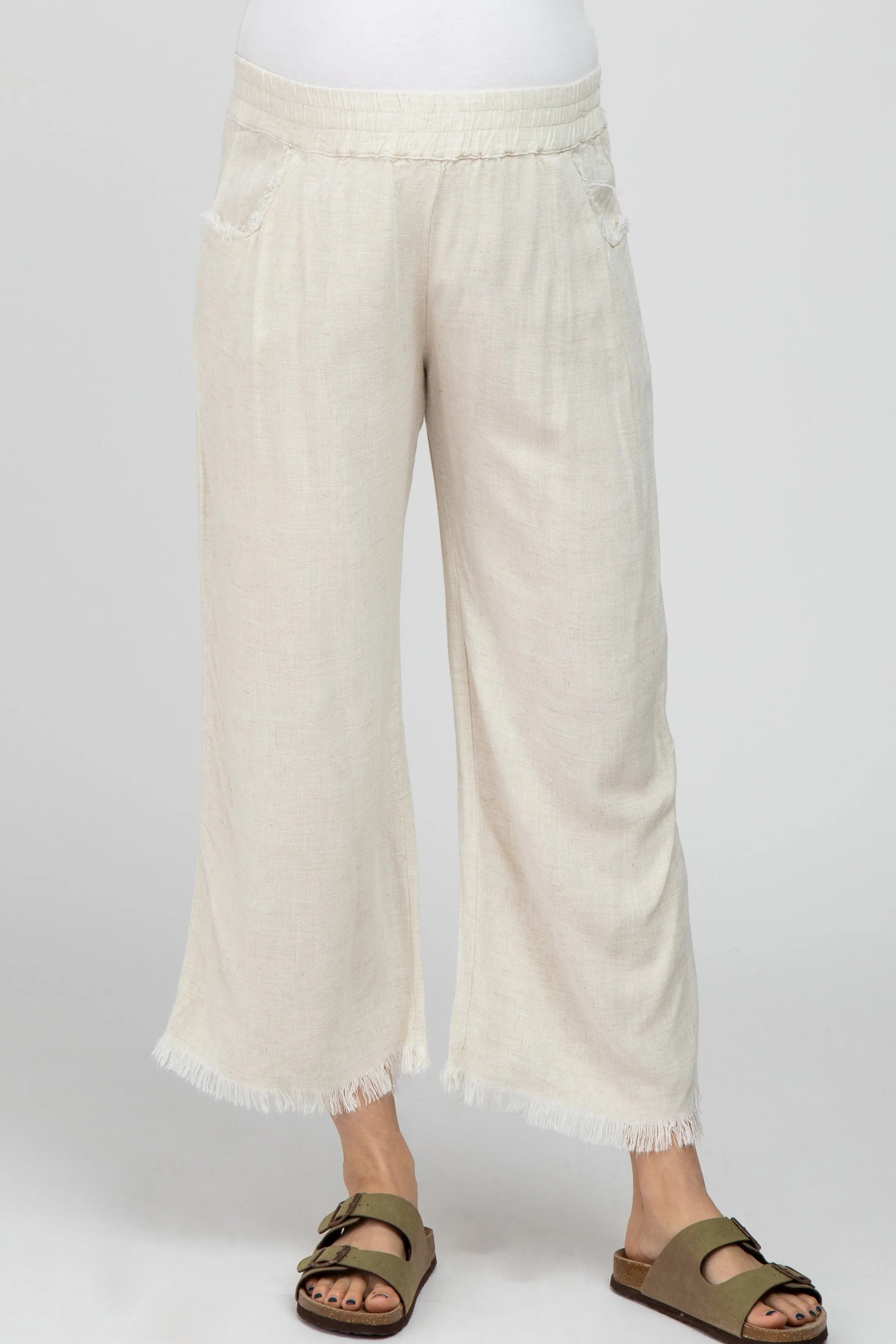 Cream Linen Frayed Hem Crop Maternity Pants sold by Pinkblush product image thumbnail 2