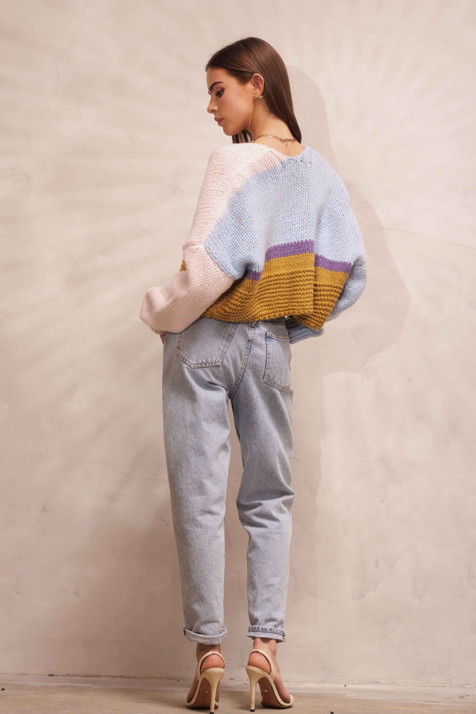Blue Pink Color Blocked Cropped Sweater Cardigan sold by Pinkblush product image thumbnail 3
