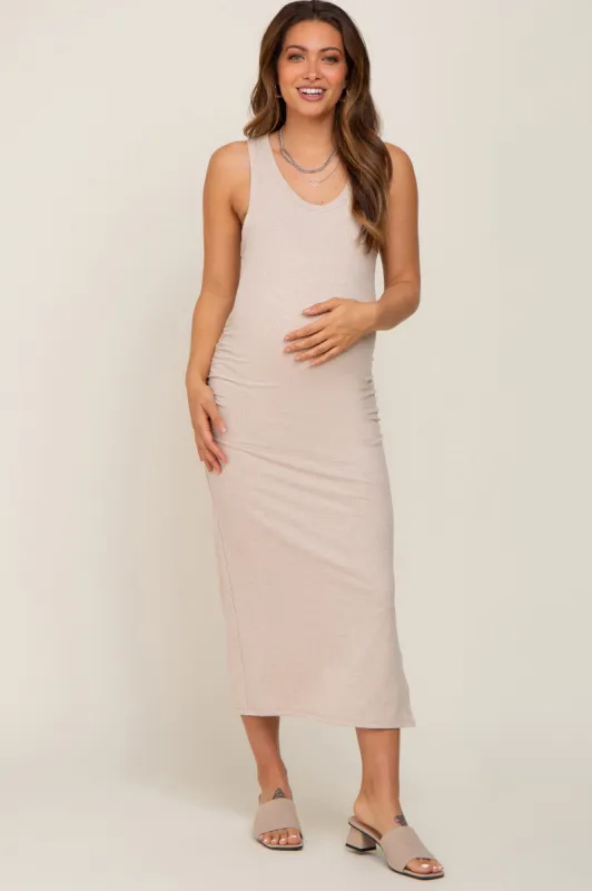 Beige Ribbed Sleeveless Ruched Side Slit Maternity Midi Dress sold by Pinkblush