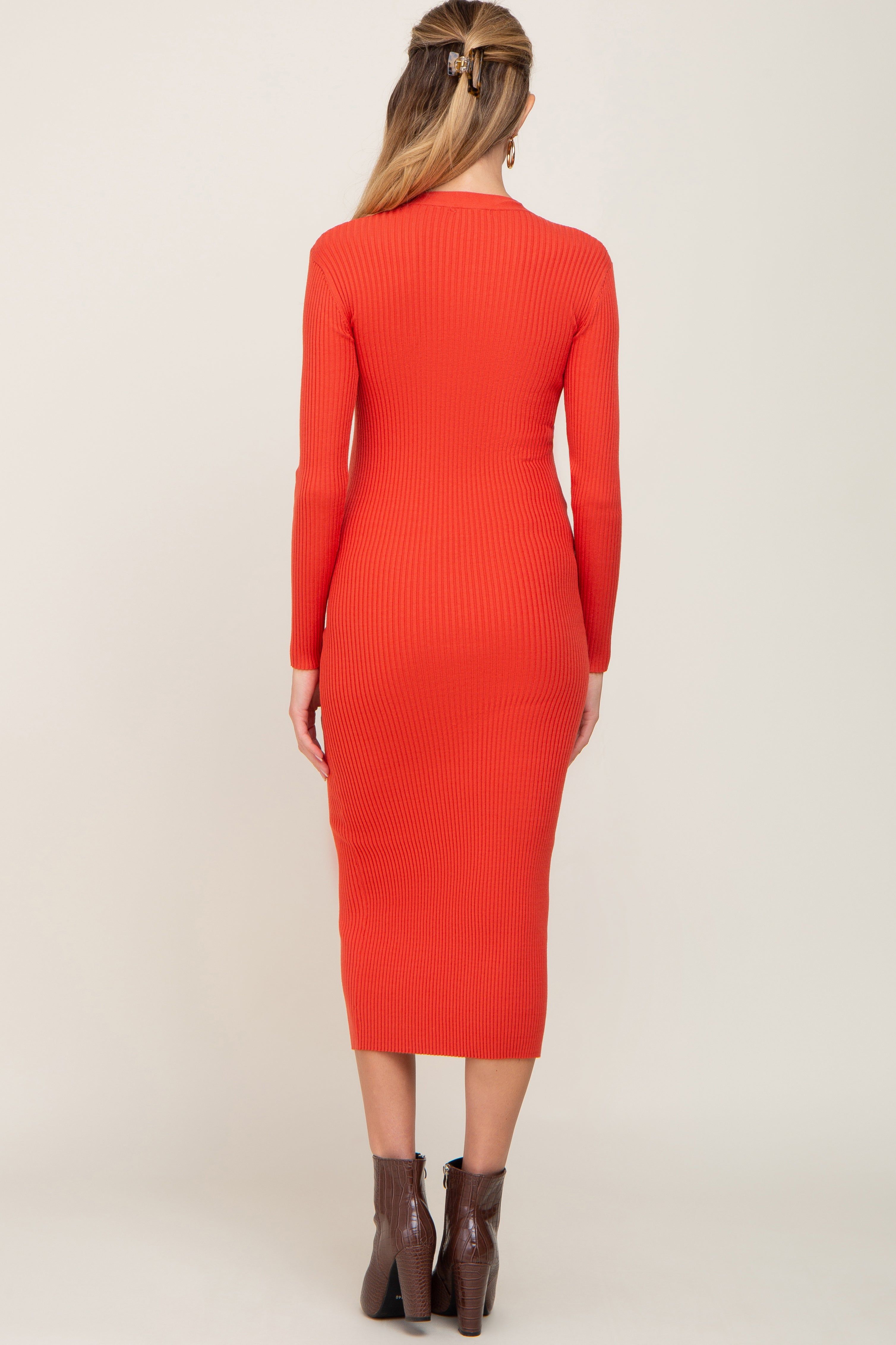 Rust Ribbed Button Front Long Sleeve Maternity Dress sold by Pinkblush product image thumbnail 3