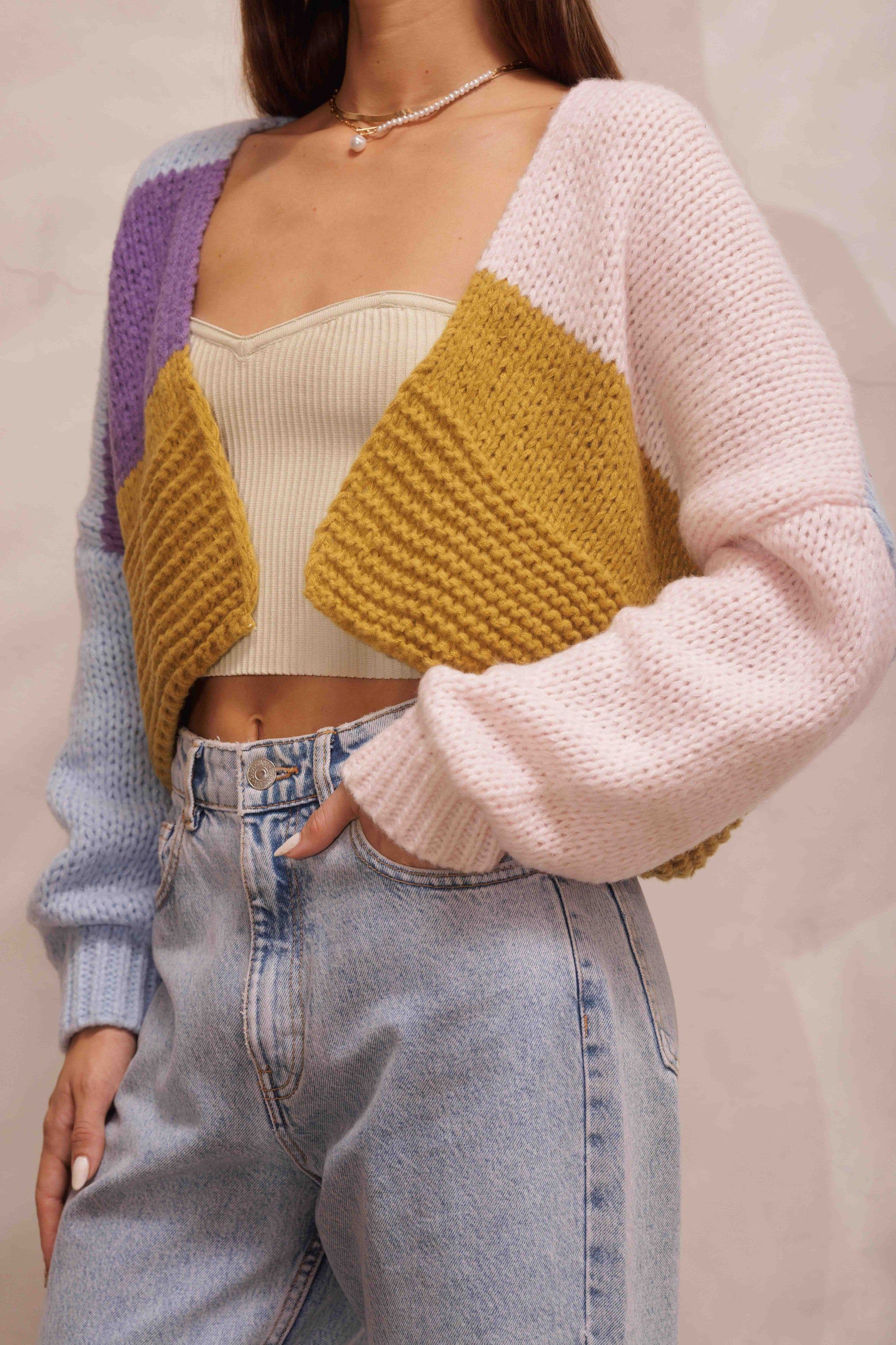 Blue Pink Color Blocked Cropped Sweater Cardigan sold by Pinkblush product image thumbnail 4