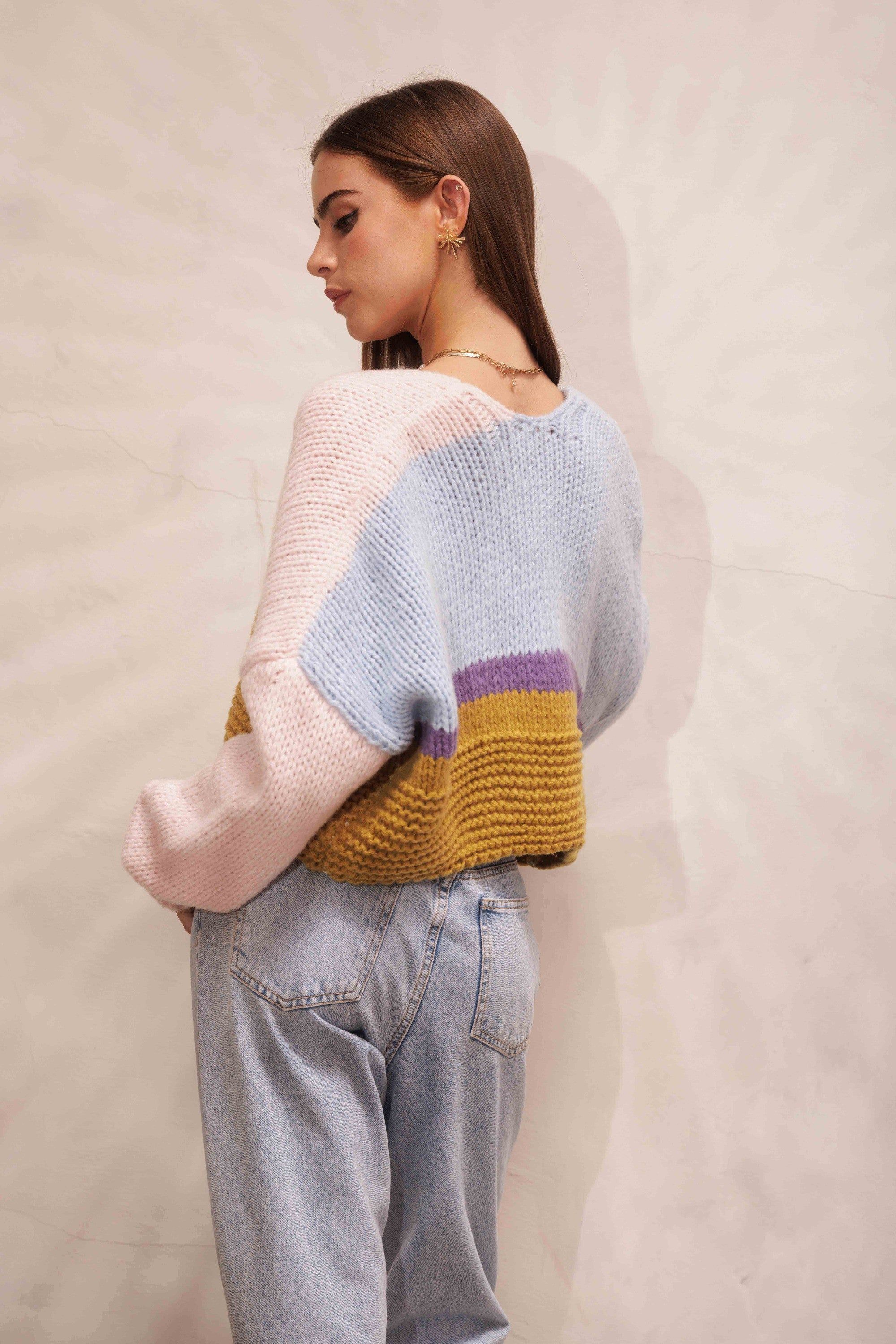 Blue Pink Color Blocked Cropped Sweater Cardigan sold by Pinkblush product image thumbnail 2