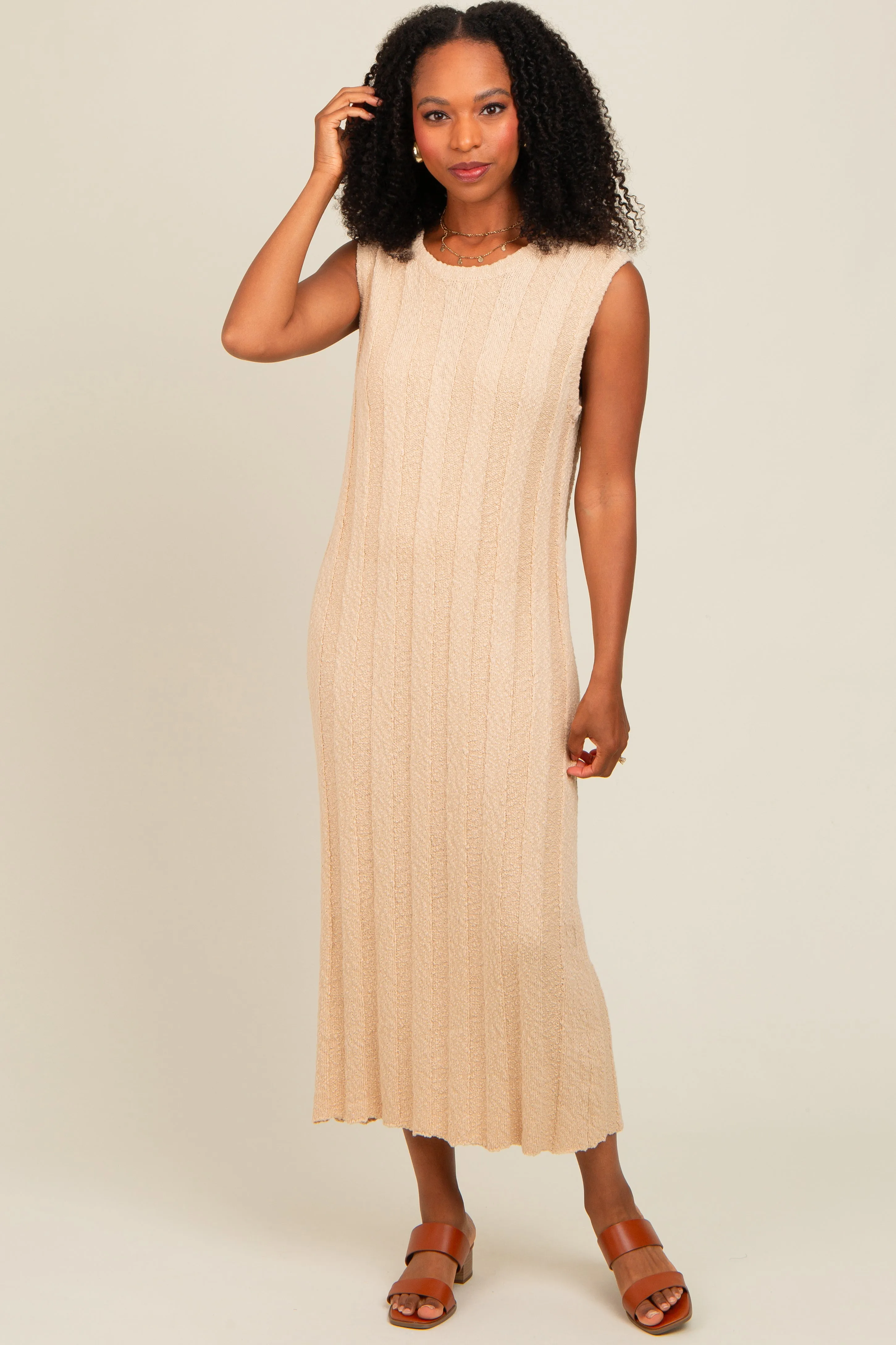 Cream Ribbed Knit Sleeveless Dress sold by Pinkblush