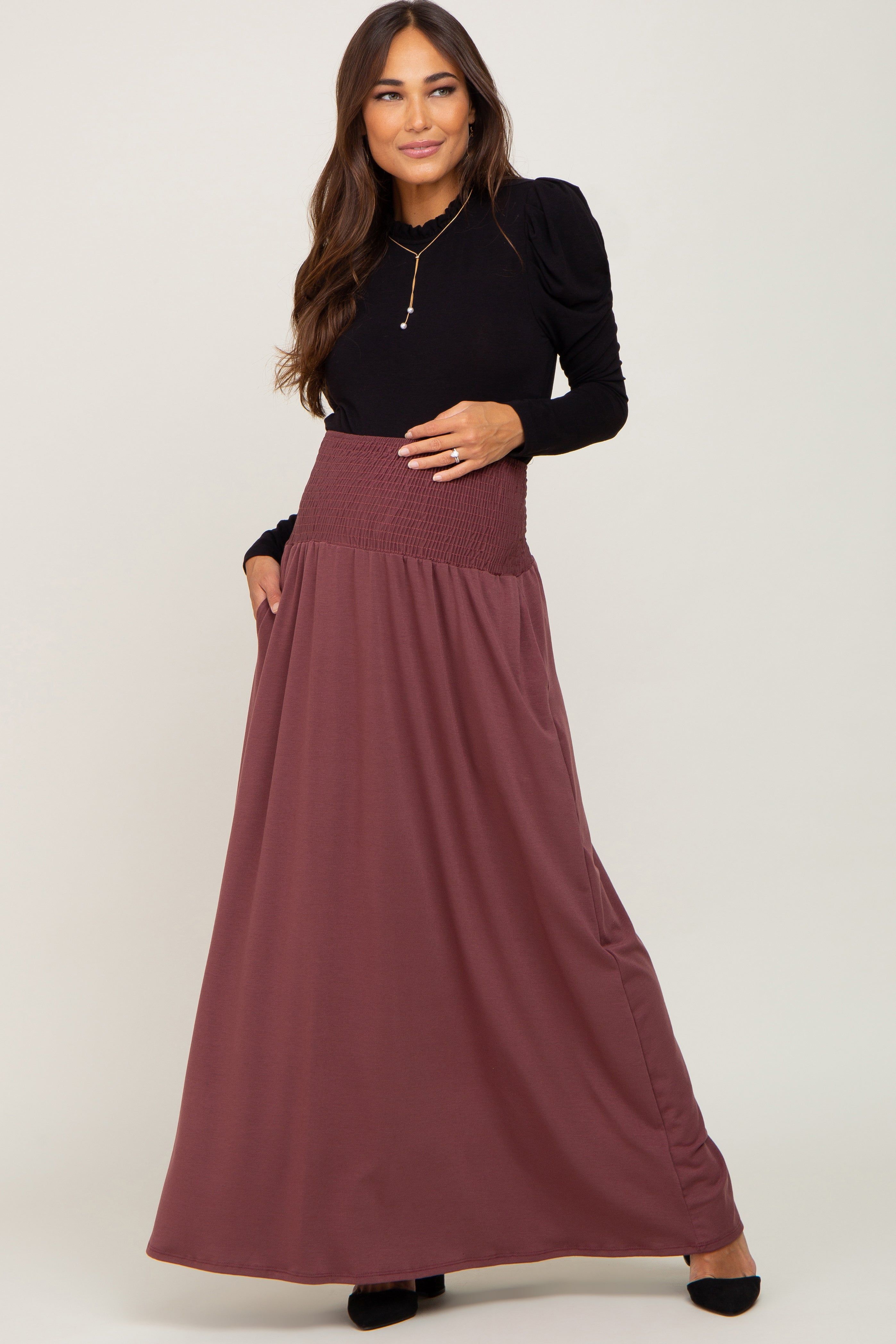 Burgundy Smocked High Waisted Maternity Maxi Skirt sold by Pinkblush product image thumbnail 5