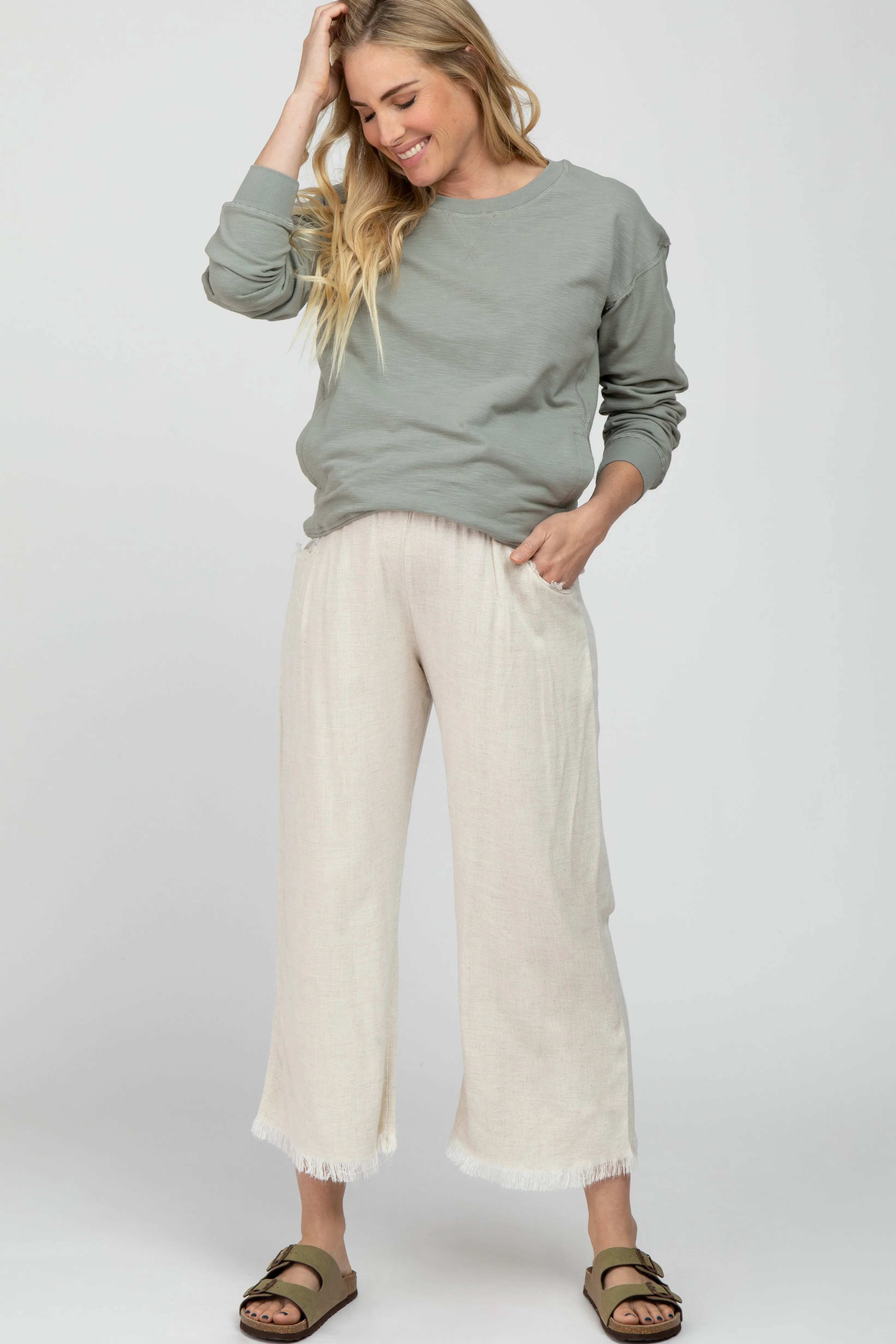Cream Linen Frayed Hem Crop Maternity Pants sold by Pinkblush