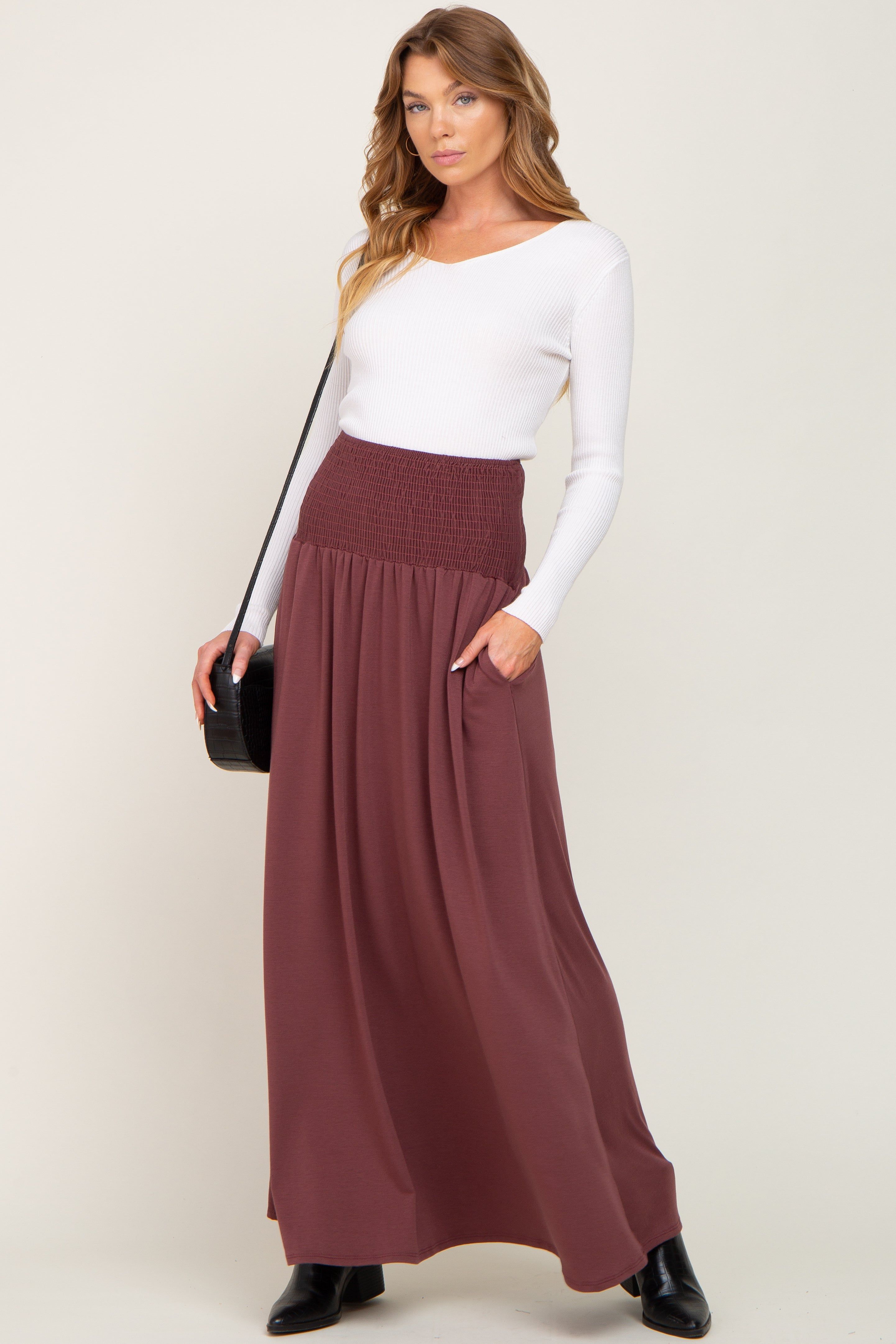 Burgundy Smocked High Waisted Maternity Maxi Skirt sold by Pinkblush product image thumbnail 6