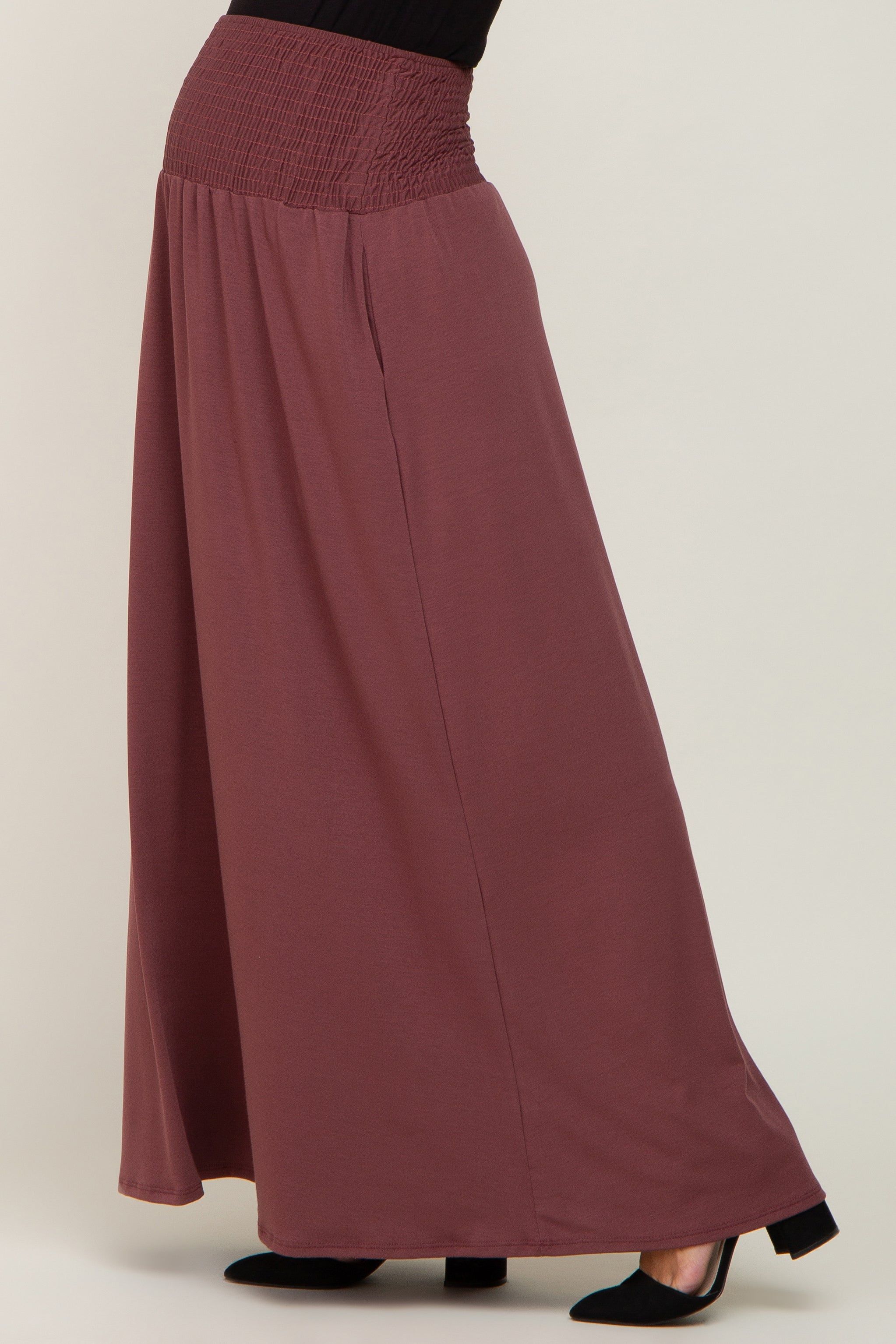 Burgundy Smocked High Waisted Maternity Maxi Skirt sold by Pinkblush product image thumbnail 3