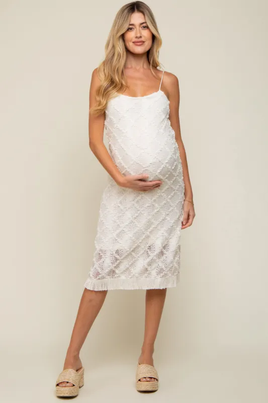 Ivory Fringe Mesh Maternity Midi Dress sold by Pinkblush