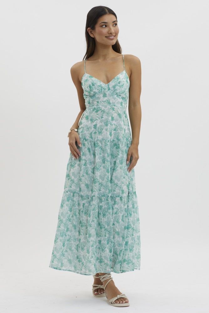 Green V Neckline Floral Print Maxi Dress sold by Pinkblush
