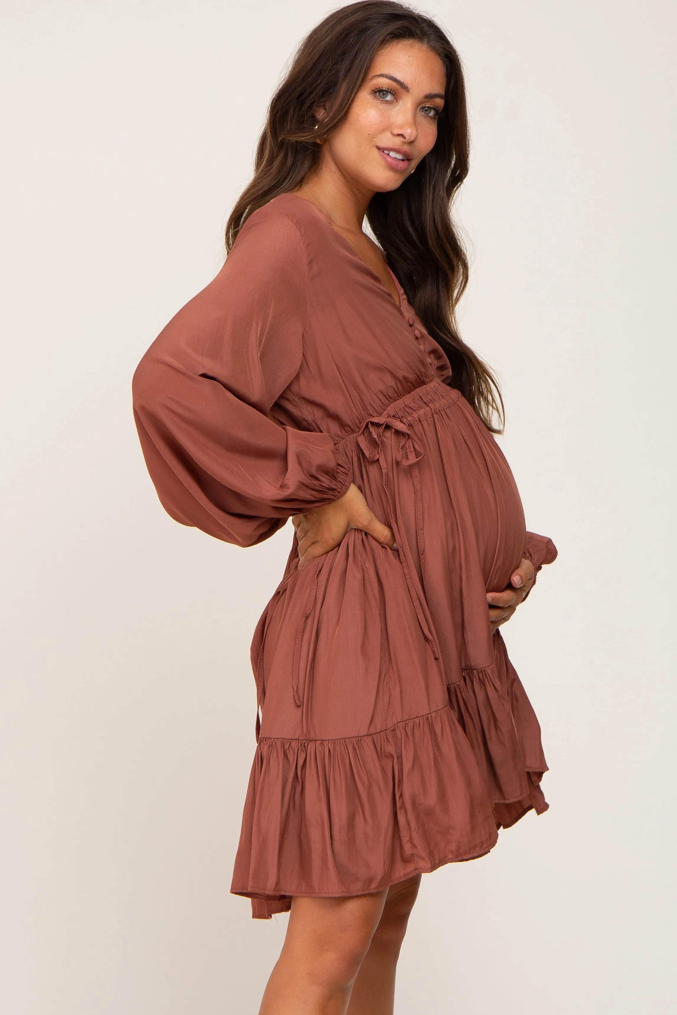 Rust V-Neck Cinched Maternity Dress sold by Pinkblush product image thumbnail 2