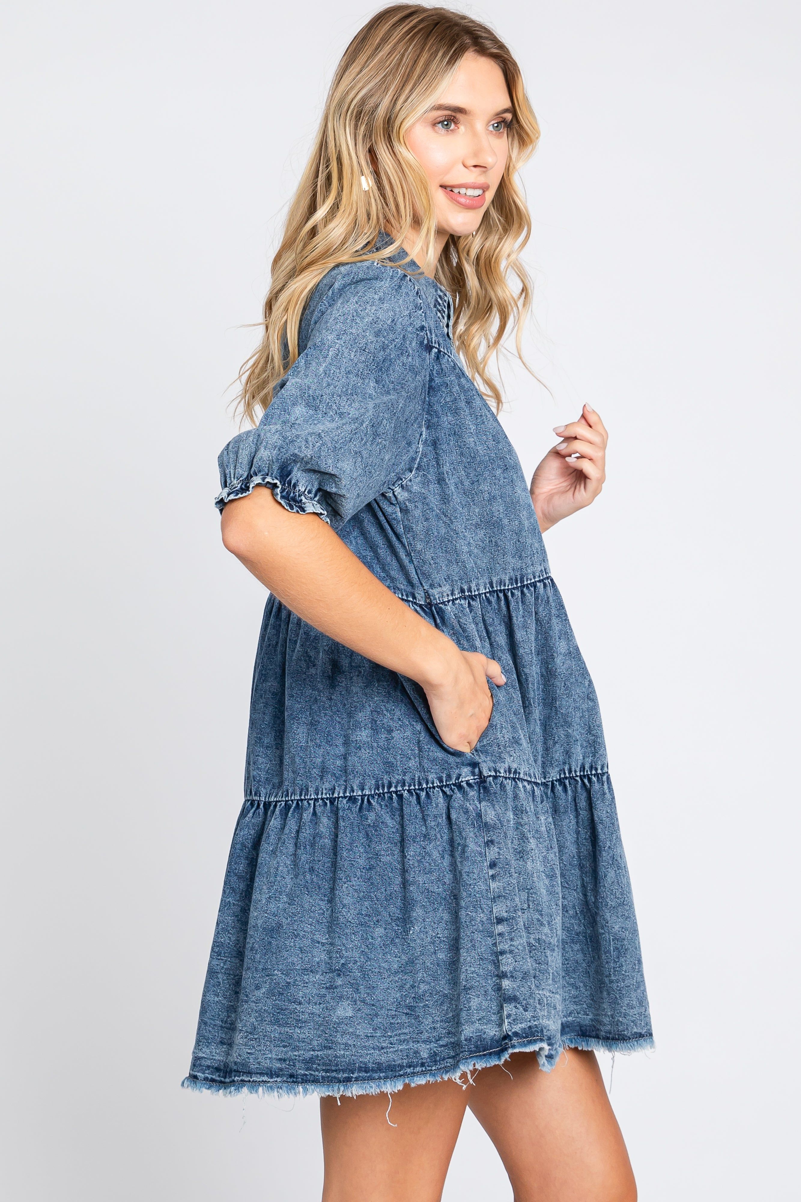 Blue Chambray Tiered Shirt Dress sold by Pinkblush product image thumbnail 3