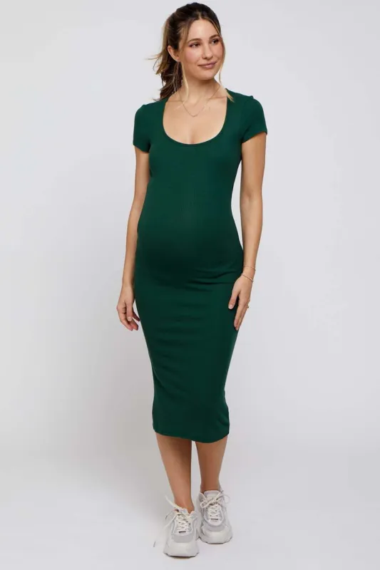 Olive Rib Knit Short Sleeve Maternity Midi Dress sold by Pinkblush