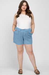 Blue Chambray Frayed Hem Drawstring Maternity Plus Shorts sold by Pinkblush