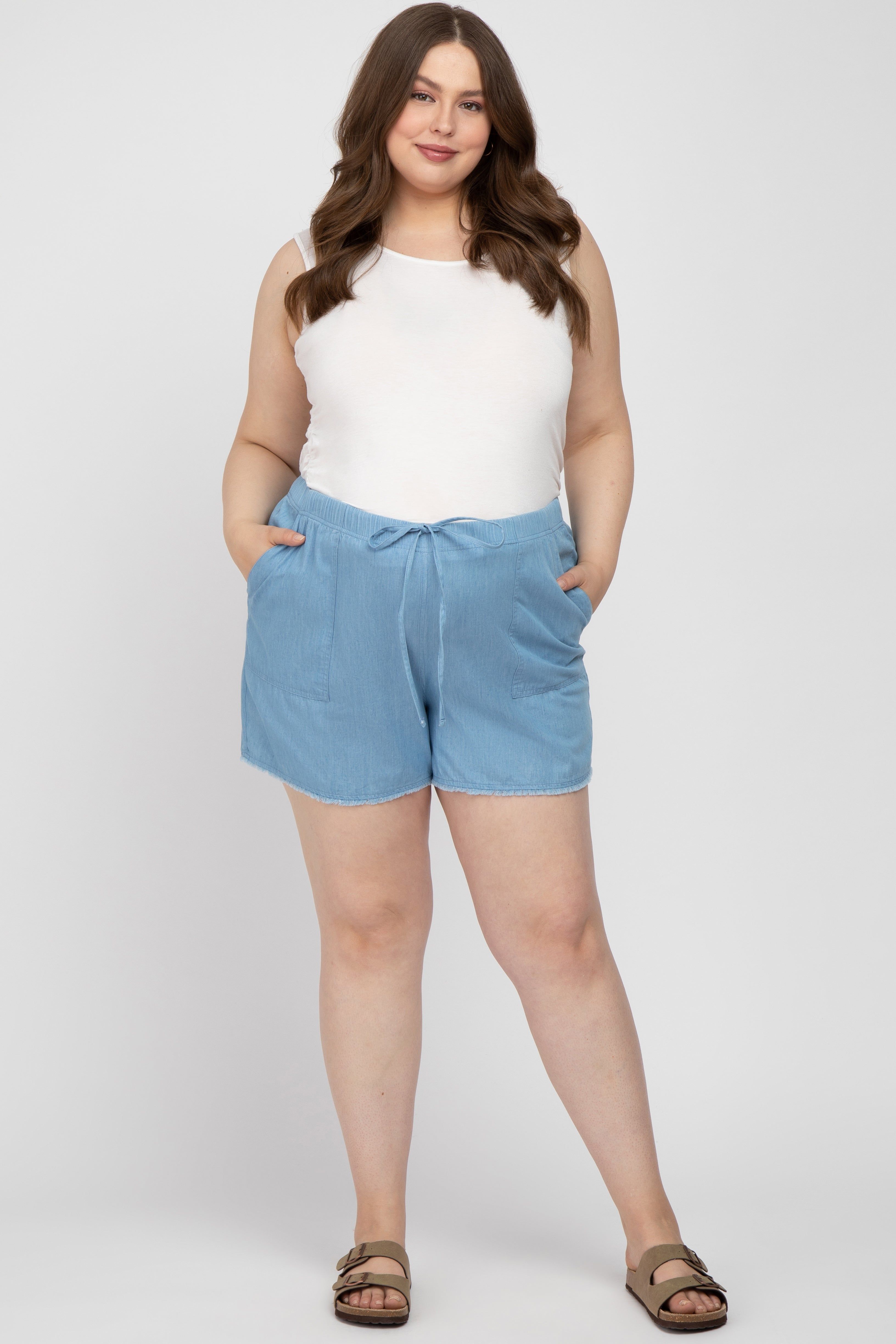 Blue Chambray Frayed Hem Drawstring Maternity Plus Shorts sold by Pinkblush product image thumbnail 5