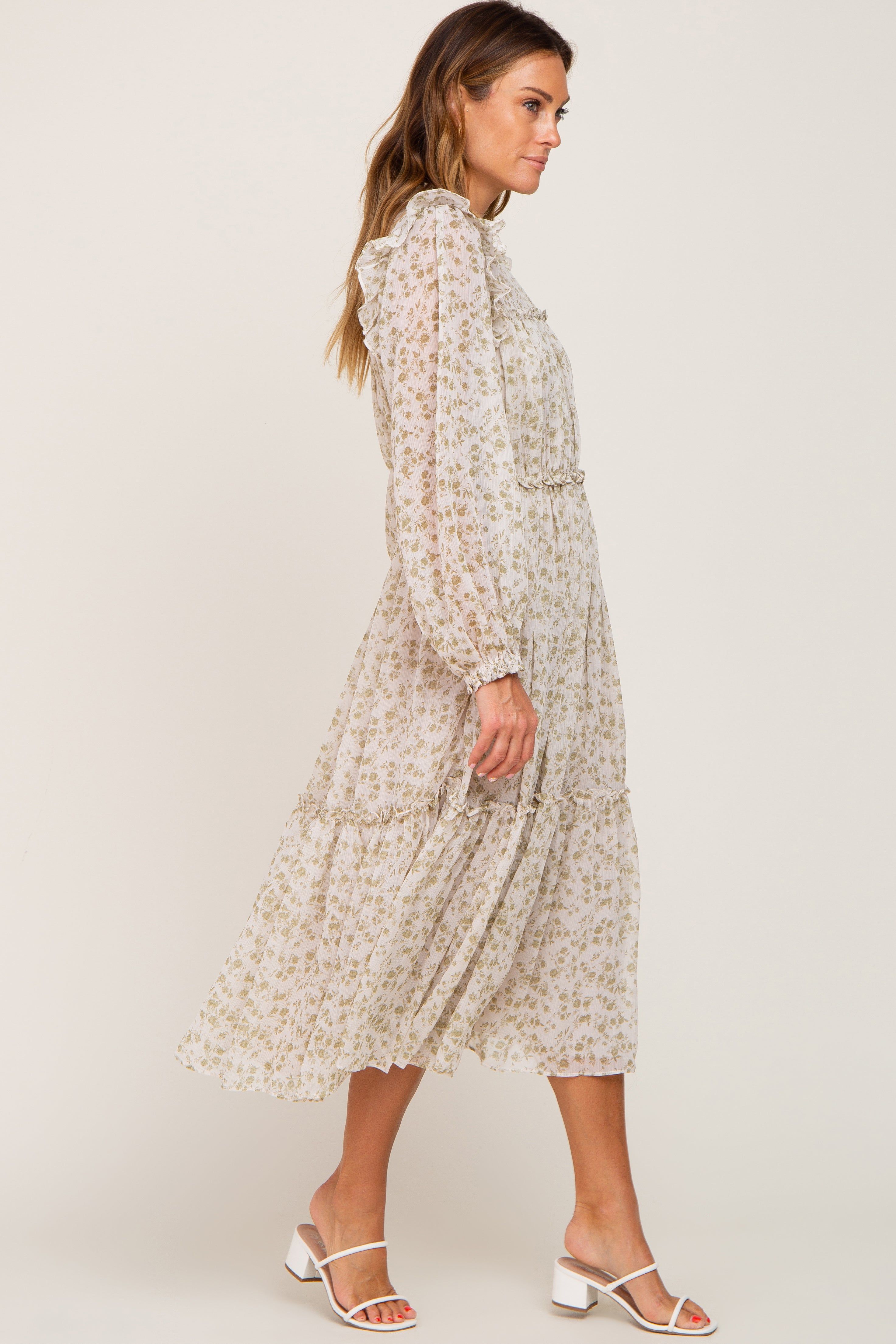 Ivory Floral Chiffon Ruffle Tiered Midi Dress sold by Pinkblush product image thumbnail 2