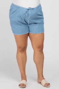 Blue Chambray Frayed Hem Drawstring Maternity Plus Shorts sold by Pinkblush