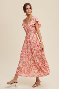 Light Mustard Floral Print V-Neck Ruffle Sleeve Maxi Dress sold by Pinkblush