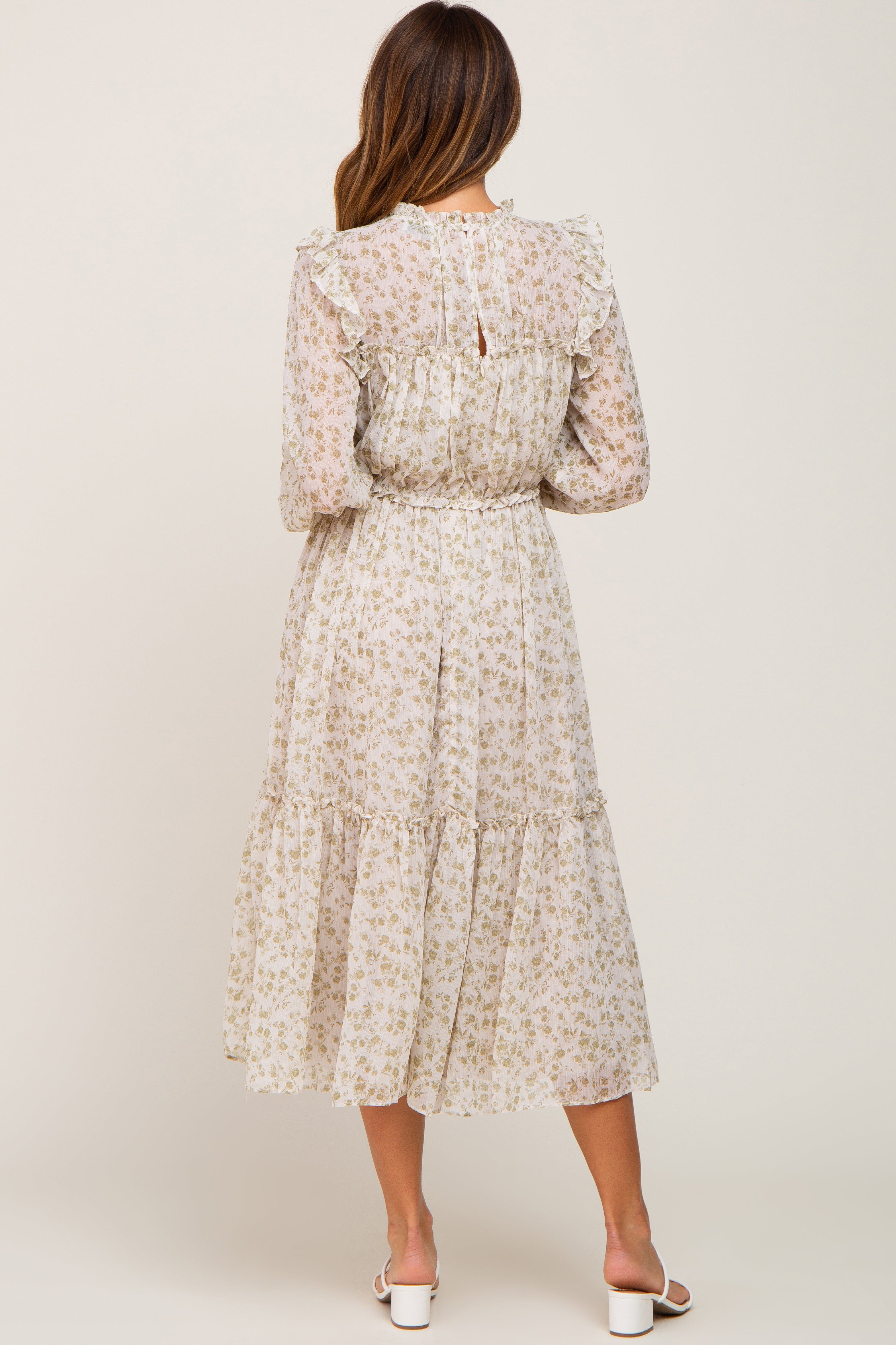 Ivory Floral Chiffon Ruffle Tiered Midi Dress sold by Pinkblush product image thumbnail 3