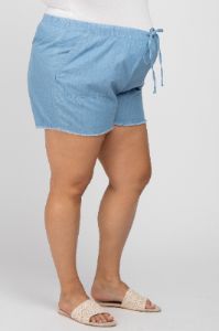 Blue Chambray Frayed Hem Drawstring Maternity Plus Shorts sold by Pinkblush