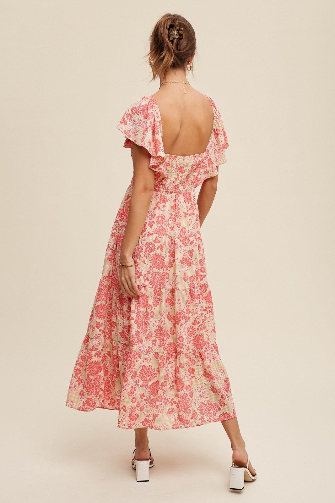 Light Mustard Floral Print V-Neck Ruffle Sleeve Maxi Dress sold by Pinkblush product image thumbnail 4
