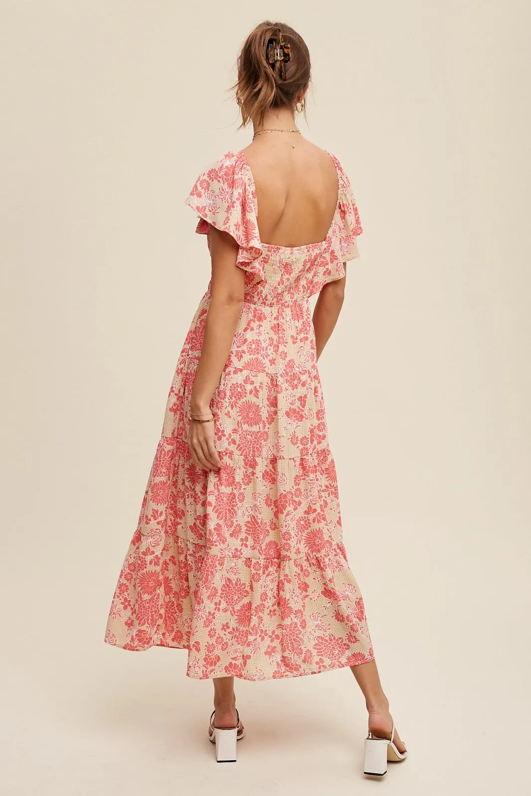 Light Mustard Floral Print V-Neck Ruffle Sleeve Maxi Dress sold by Pinkblush product image thumbnail 4