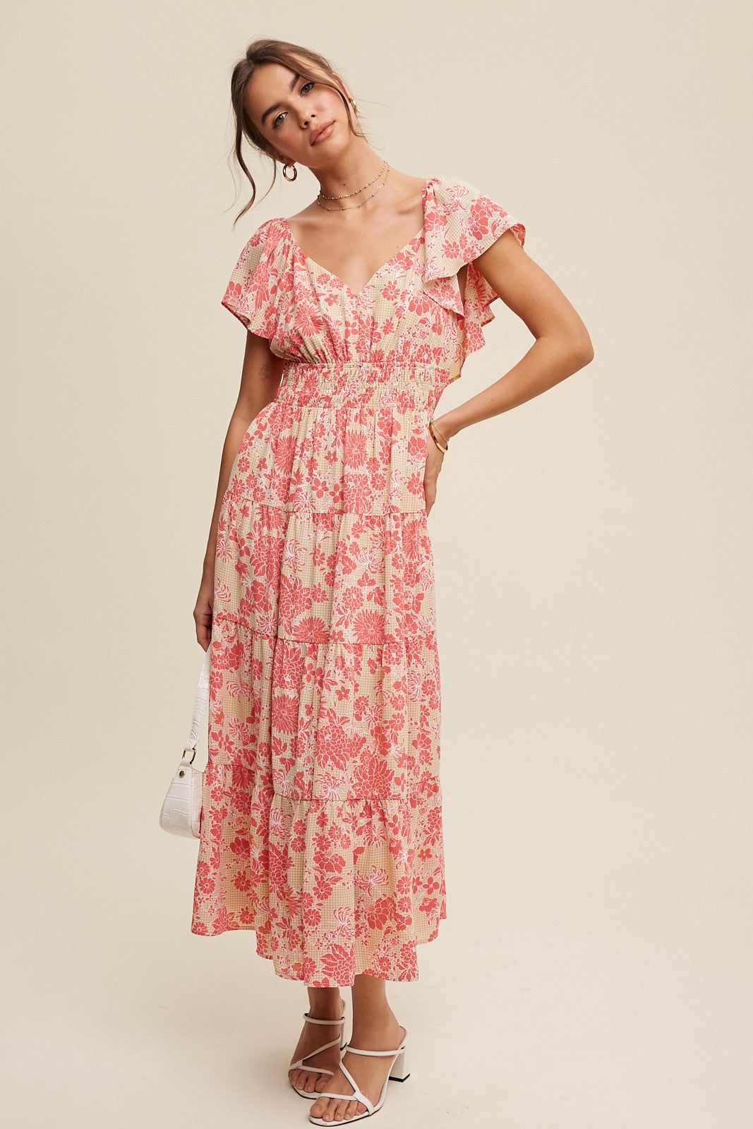 Light Mustard Floral Print V-Neck Ruffle Sleeve Maxi Dress sold by Pinkblush