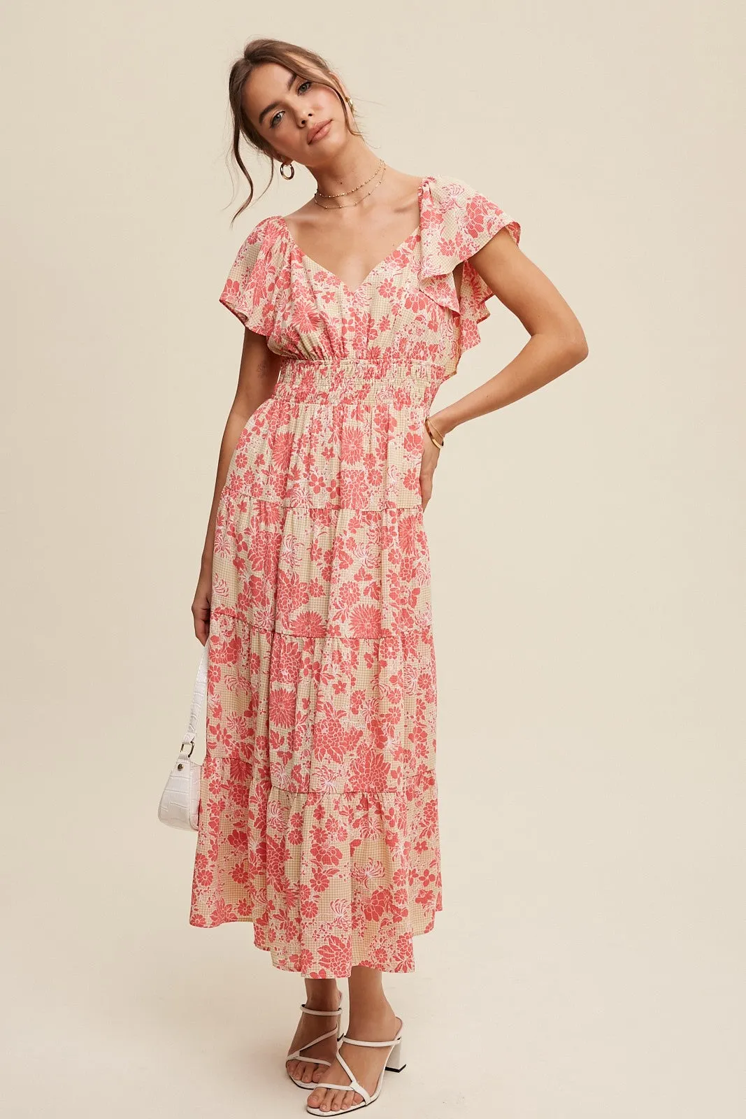 Light Mustard Floral Print V-Neck Ruffle Sleeve Maxi Dress sold by Pinkblush