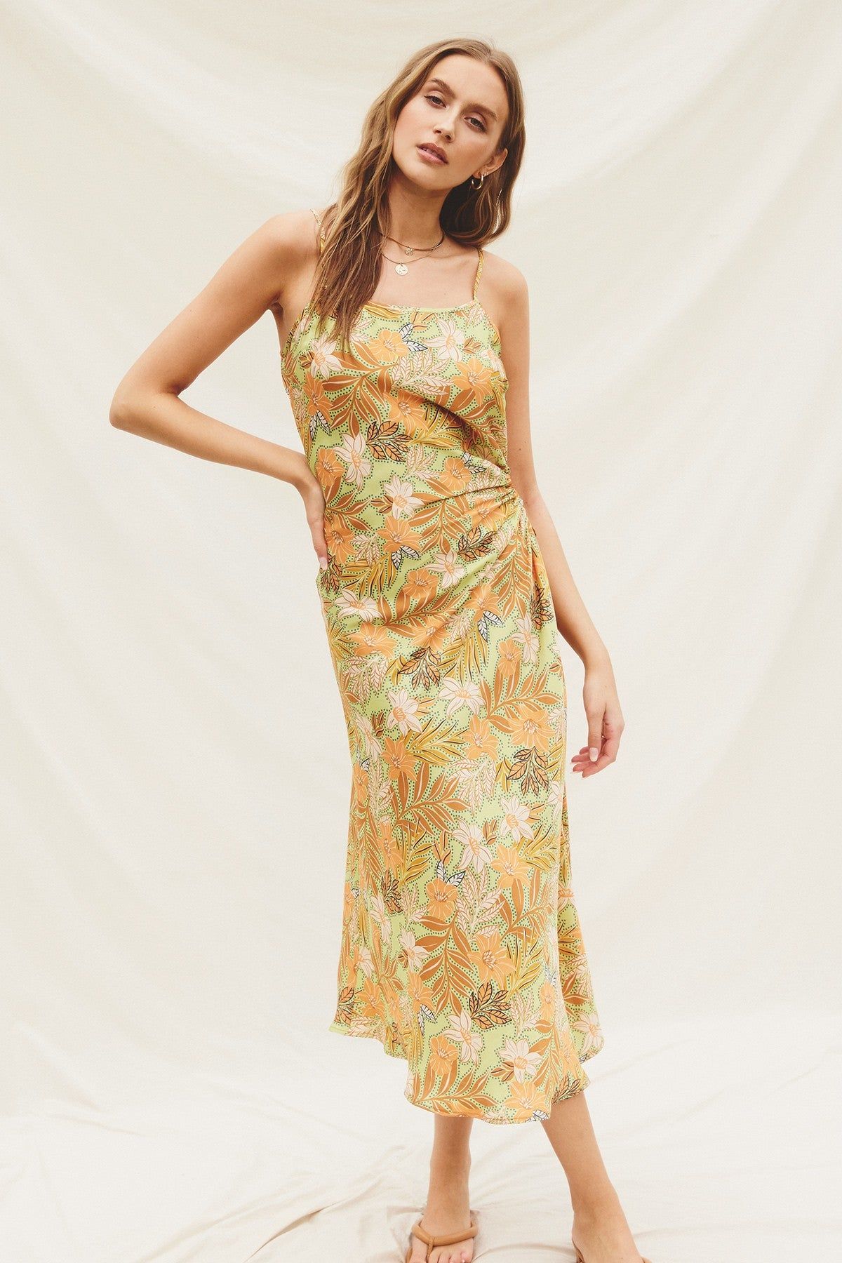 Yellow Tropical Side Ruched Cutout Slip Dress sold by Pinkblush product image thumbnail 4