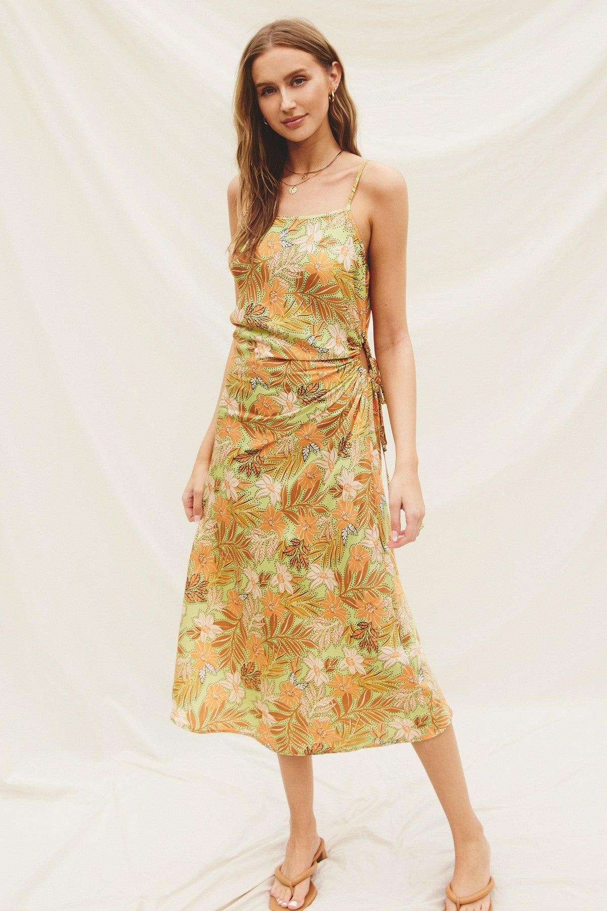Yellow Tropical Side Ruched Cutout Slip Dress sold by Pinkblush