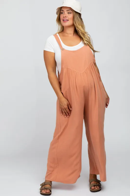 Mauve Linen Maternity Plus Overalls sold by Pinkblush