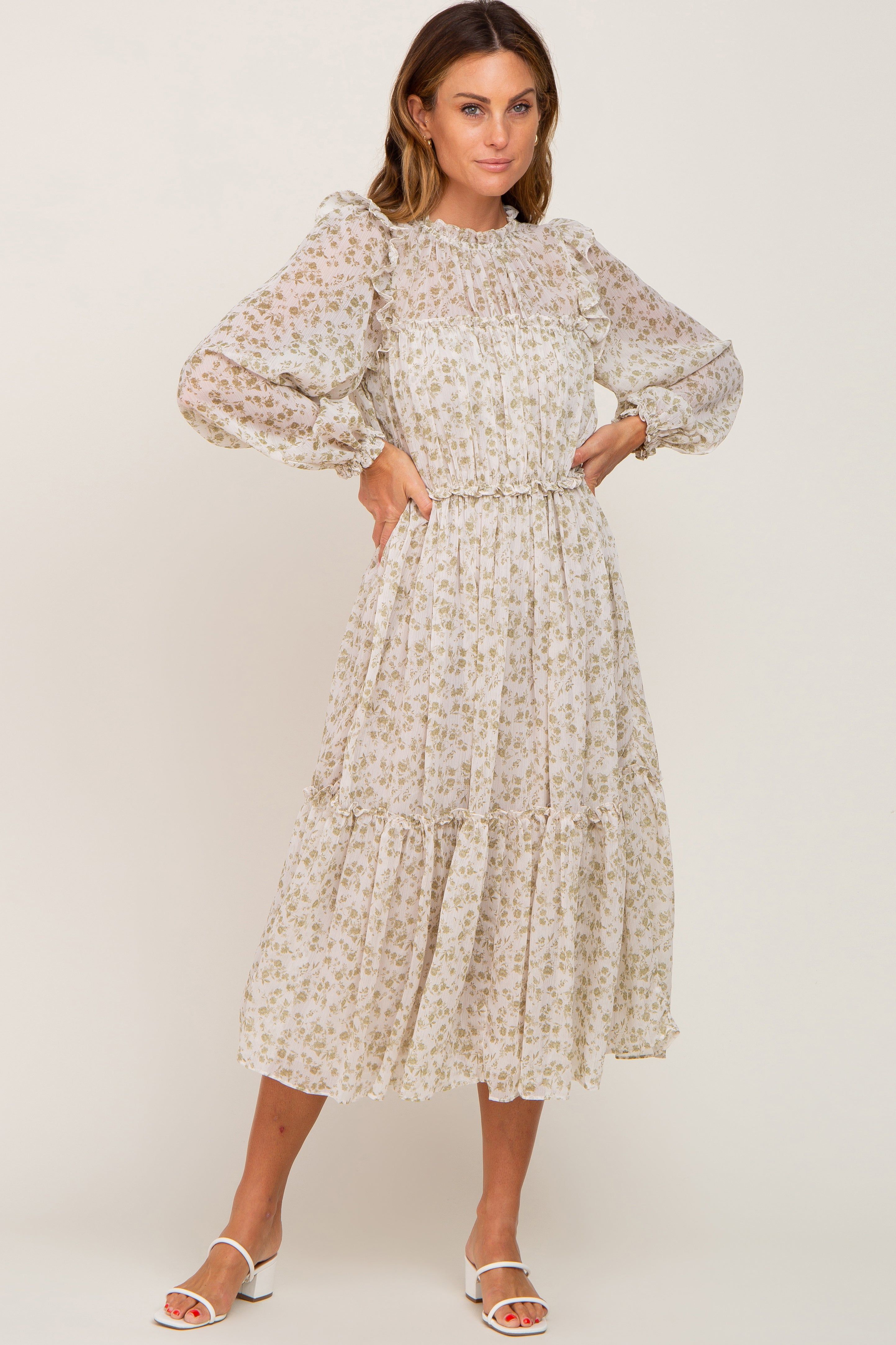 Ivory Floral Chiffon Ruffle Tiered Midi Dress sold by Pinkblush