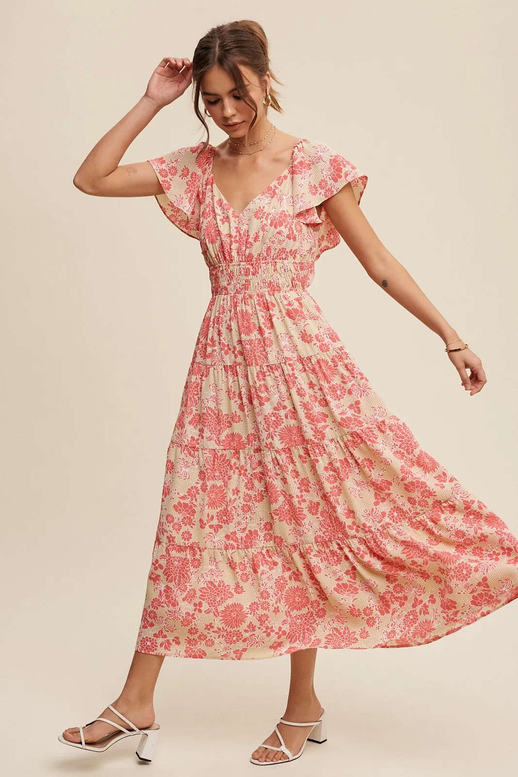 Light Mustard Floral Print V-Neck Ruffle Sleeve Maxi Dress sold by Pinkblush product image thumbnail 2