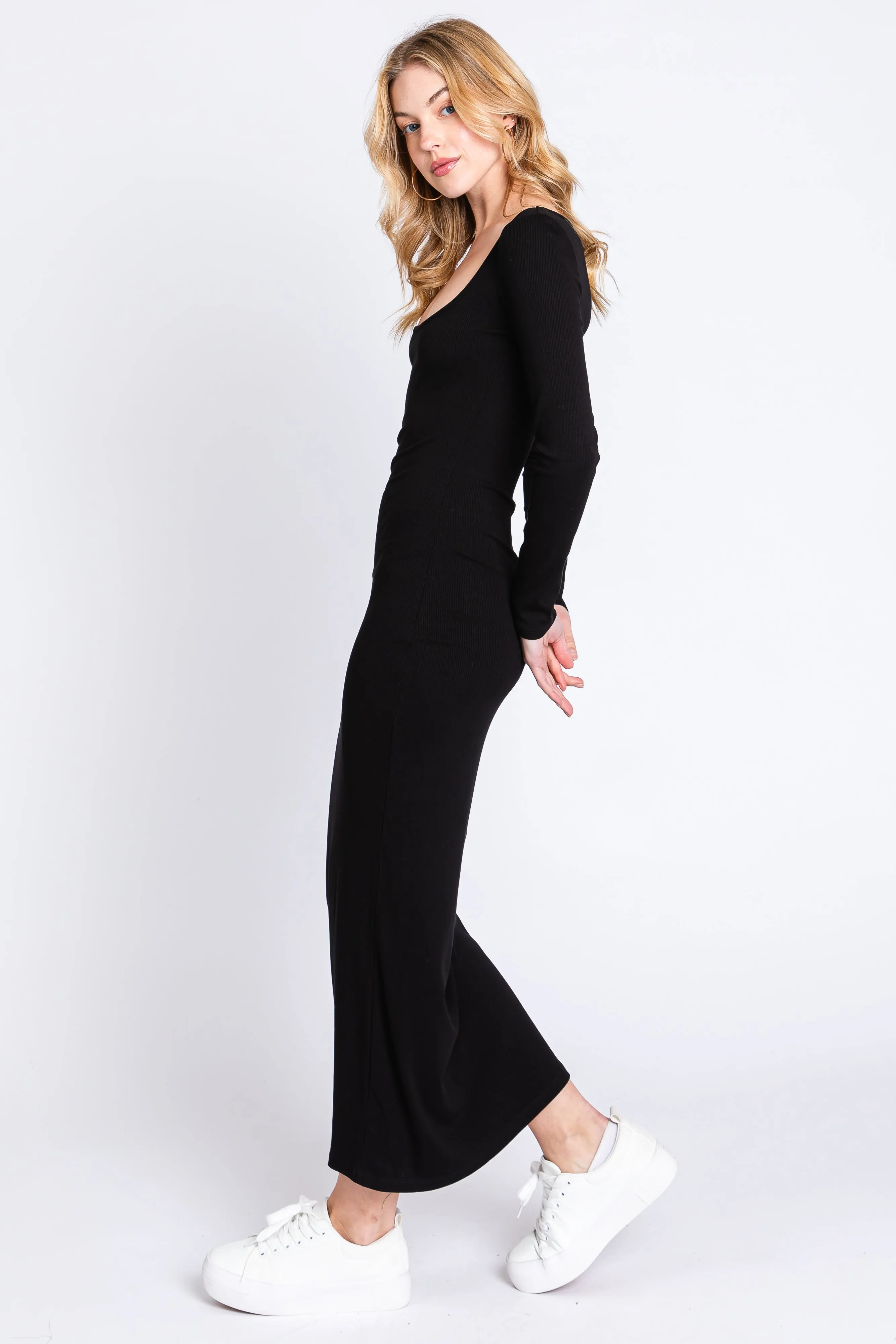 Black Ribbed Scoop Neck Midi Dress sold by Pinkblush product image thumbnail 2