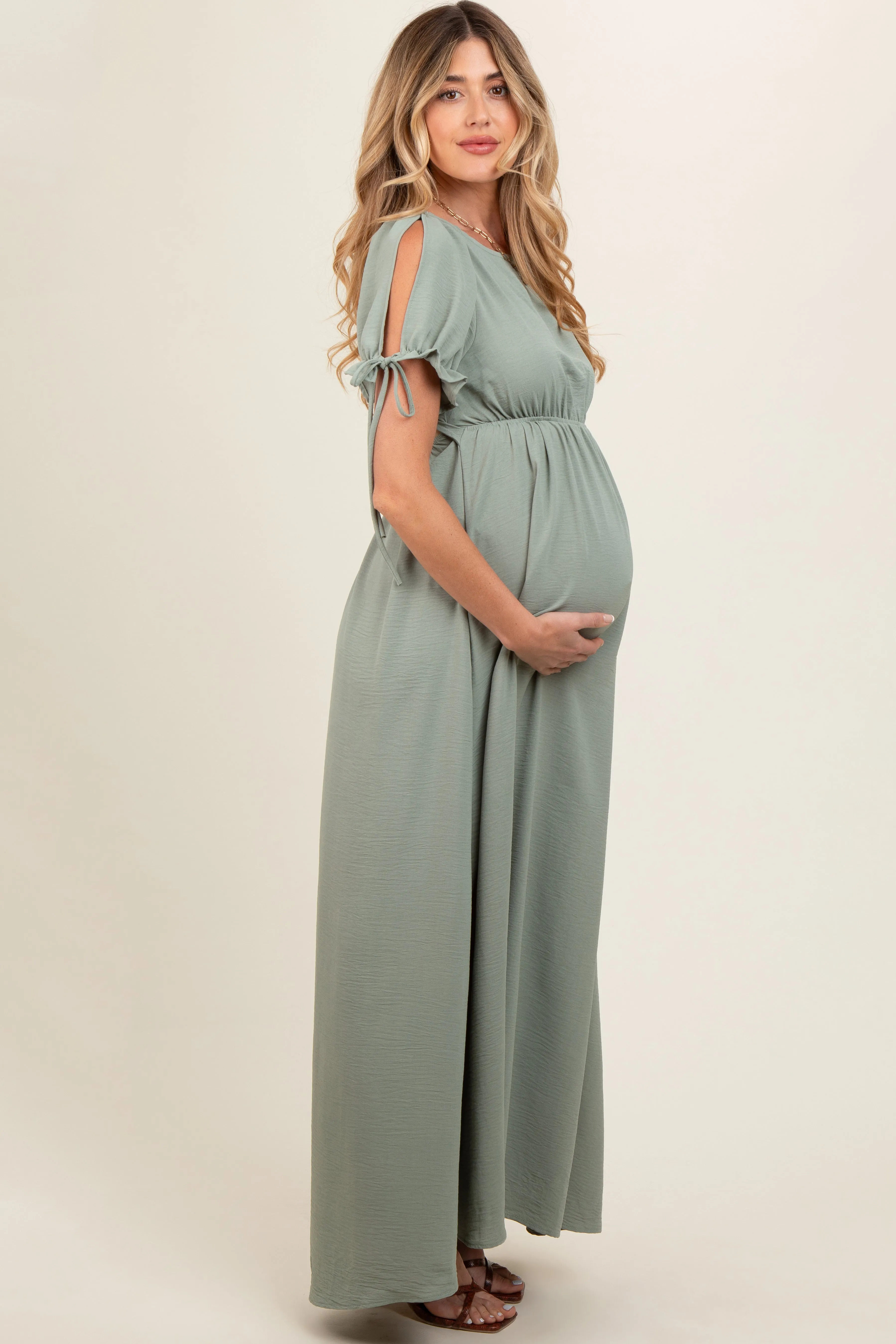 Light Olive Open Back Maternity Maxi Dress sold by Pinkblush product image thumbnail 4