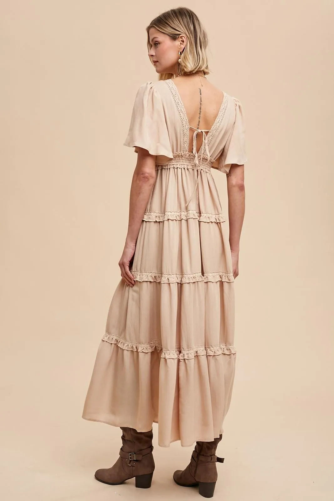 Beige Crochet Lace Tiered Maxi Dress sold by Pinkblush product image thumbnail 4