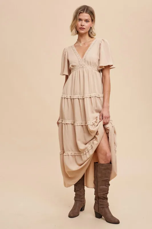 Beige Crochet Lace Tiered Maxi Dress sold by Pinkblush