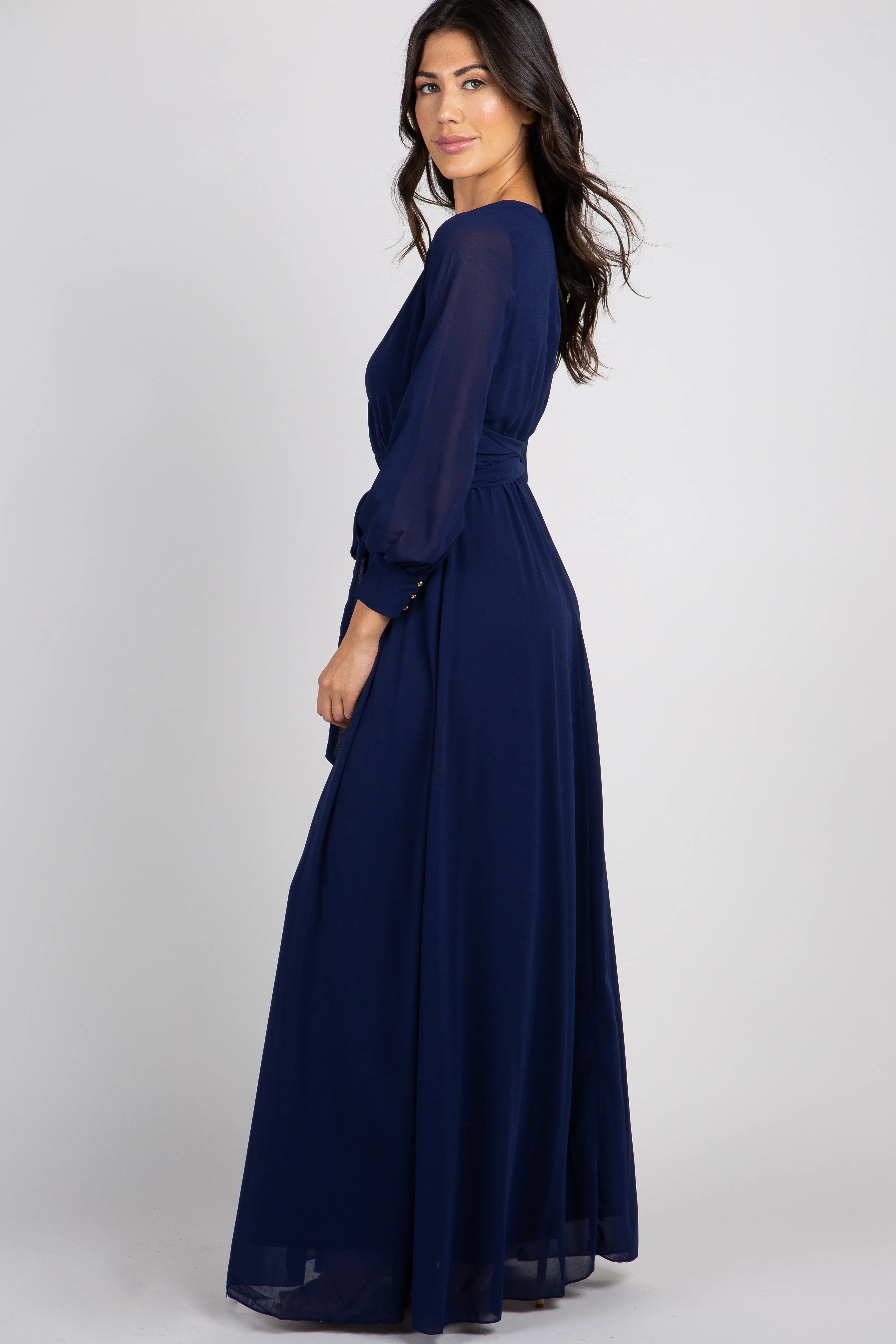 Navy Chiffon Long Sleeve Pleated Maxi Dress sold by Pinkblush product image thumbnail 2