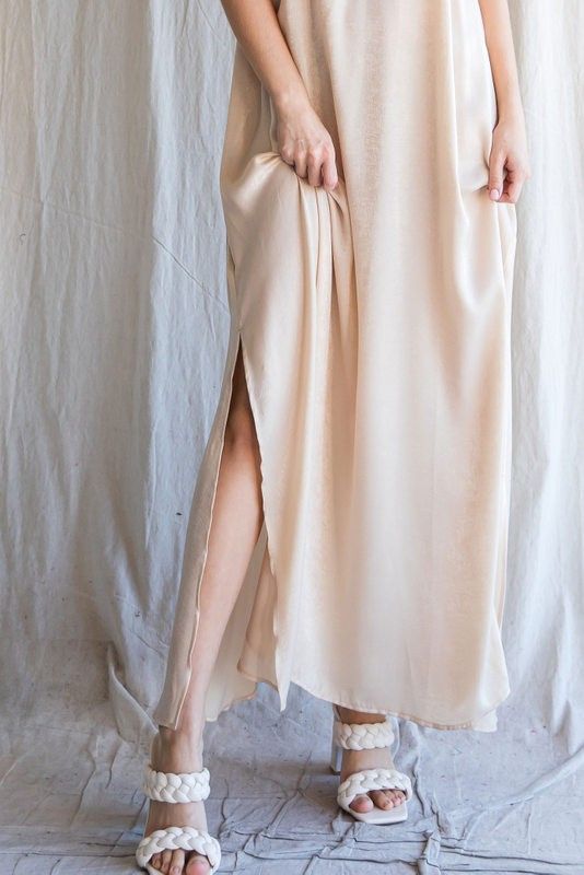 Beige Satin Side Slit Maxi Dress sold by Pinkblush product image thumbnail 4